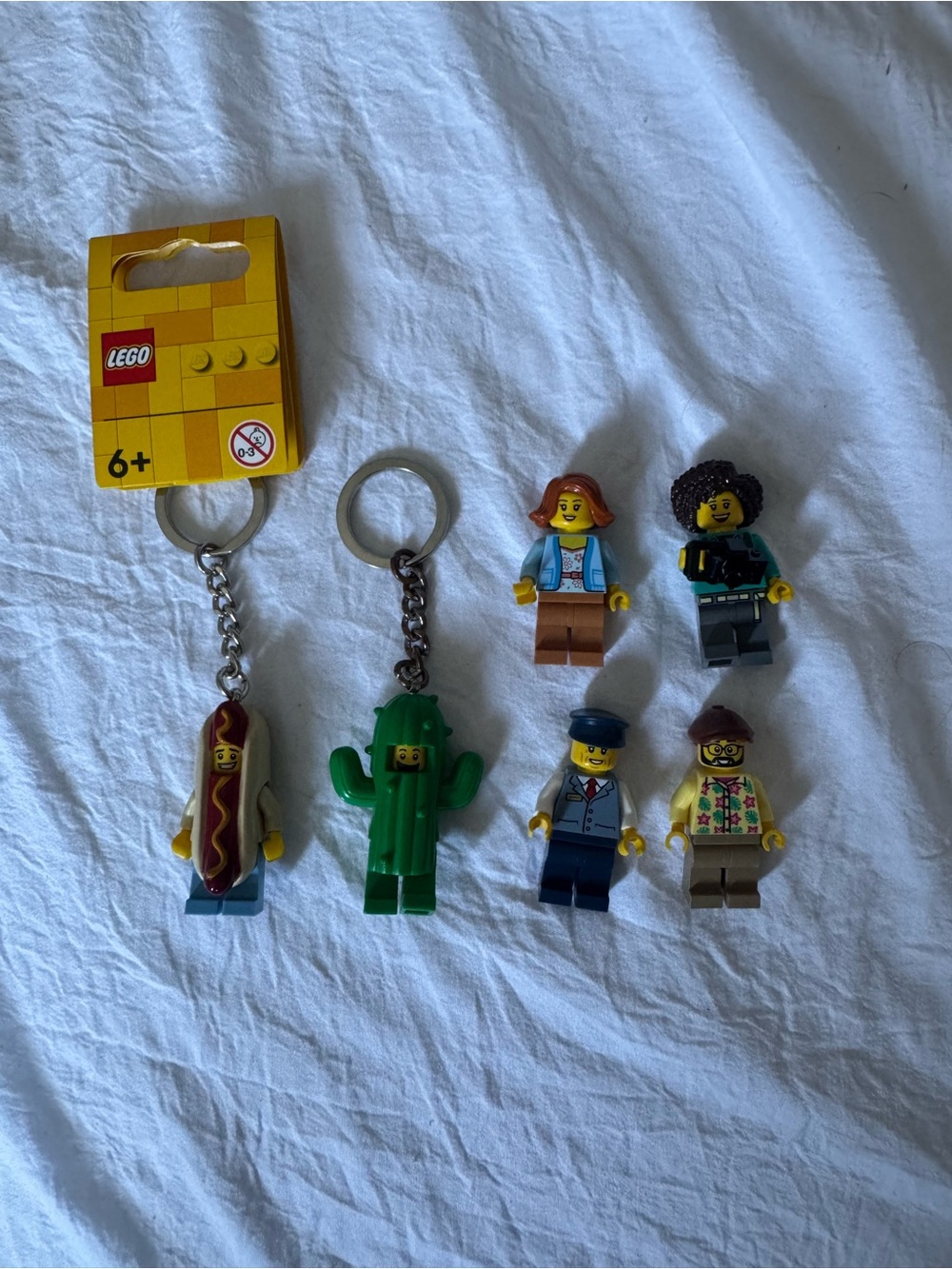 Lego Minifigures with Hot Dog & Cactus Keychains